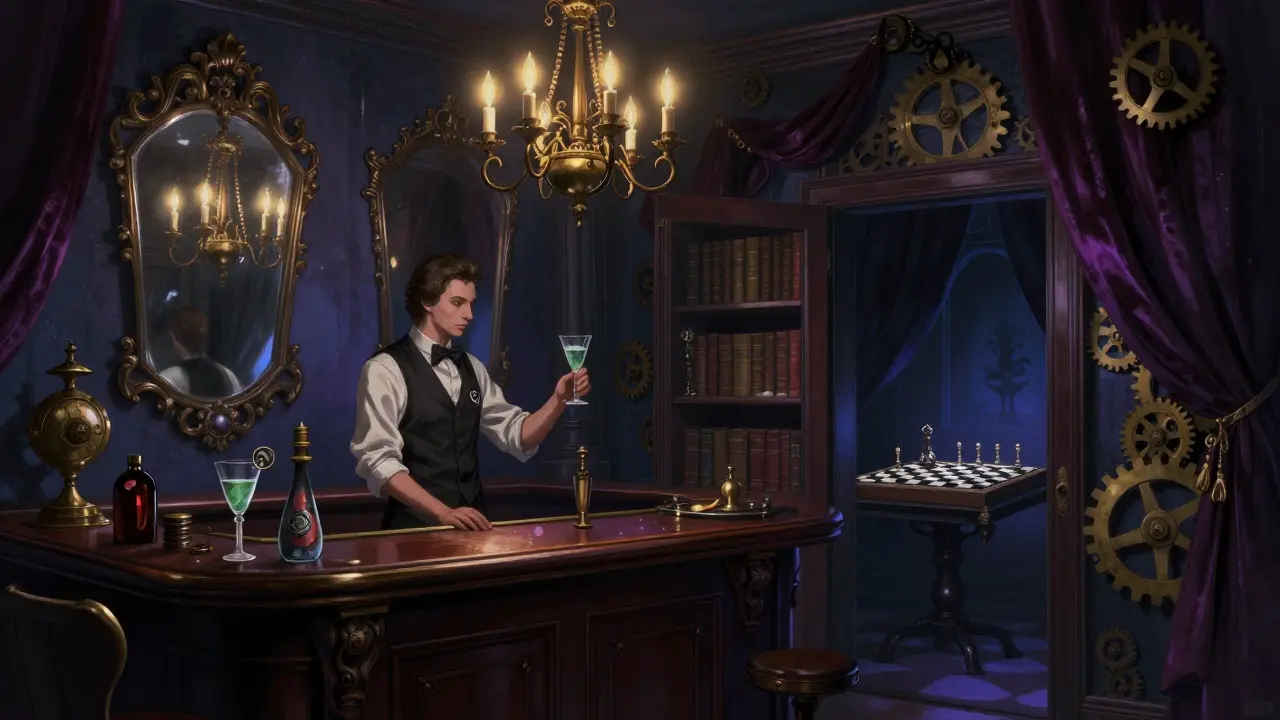 Steampunk-themed bar with candlelit chandeliers, antique mirrors, and a bartender offering absinthe.
