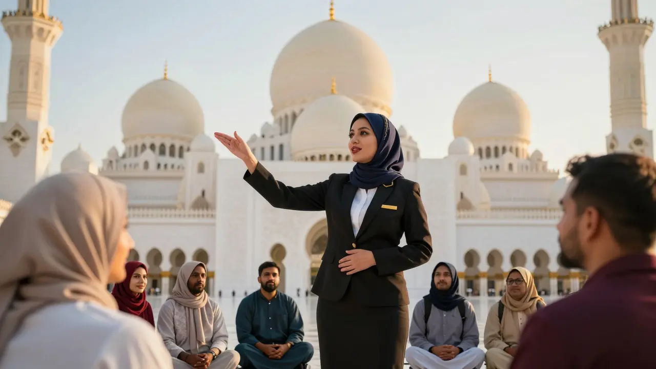 Tour guide leading tourists at Sheikh Zayed Grand Mosque in golden light