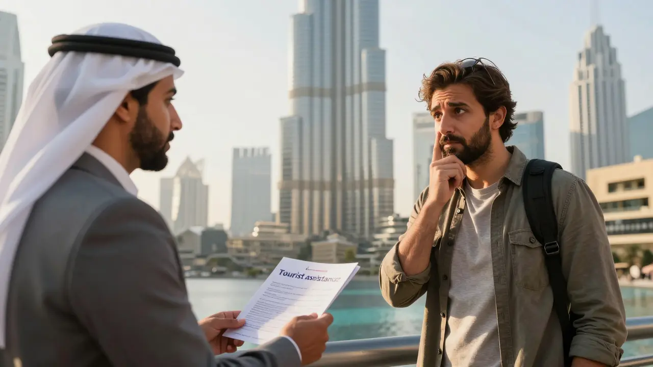 Tourist approached by scammer in Dubai city center.