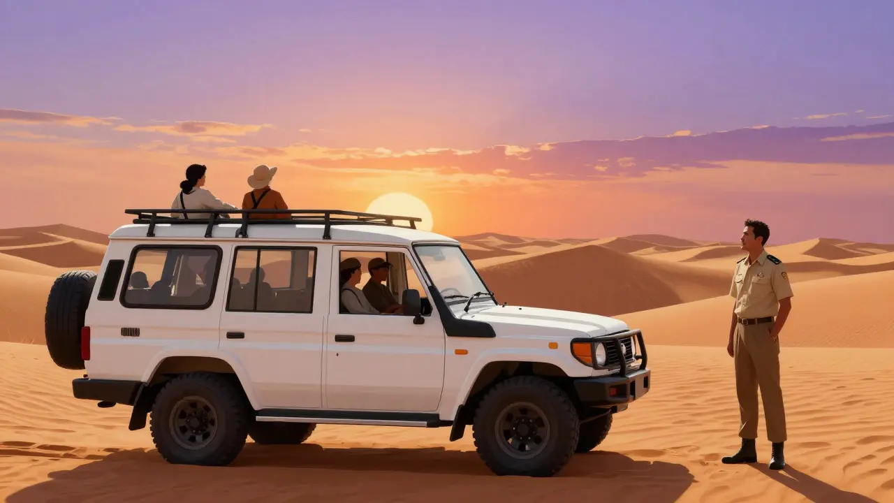 Tourists on licensed desert safari at sunset in Dubai.