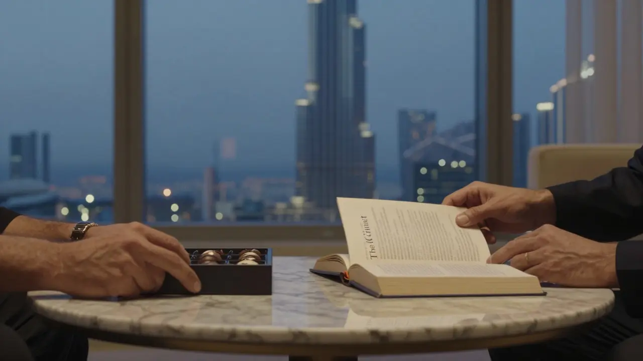 Two hands on a marble table: a book and chocolates, with Dubai's skyline visible through a window.
