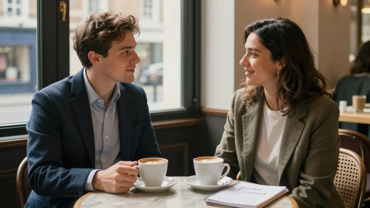 Two individuals in a London café having a respectful, platonic conversation, conveying trust and professionalism.