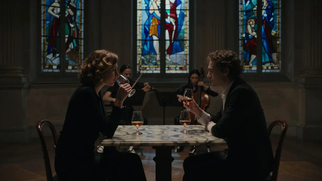 Two people sharing cognac in a hidden chamber beneath Berlin Palace, lit by stained glass and chamber music.