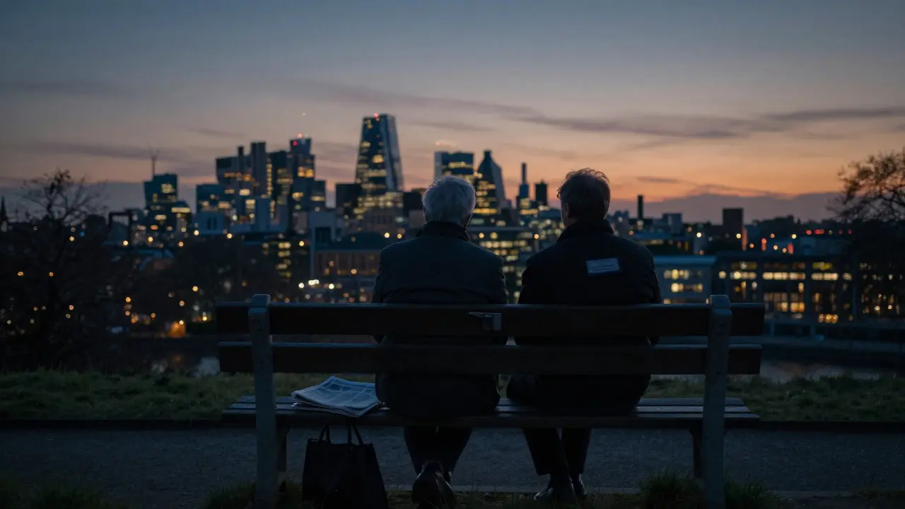 Two people sit silently on a bench at Primrose Hill, watching the sunset over London.
