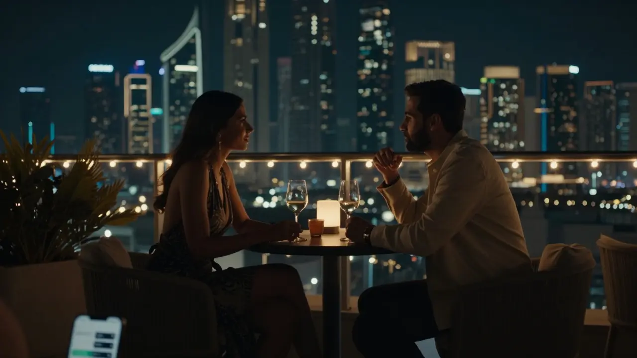 Two silhouetted figures talking at a rooftop bar in Abu Dhabi at night, with the city skyline glowing behind them.