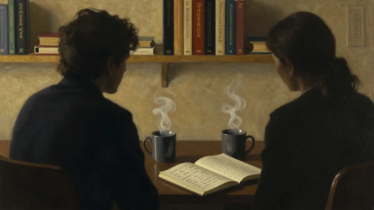 Two steaming mugs on a table in a quiet room, symbolizing emotional connection between an escort and client, with wellness books visible in the background.