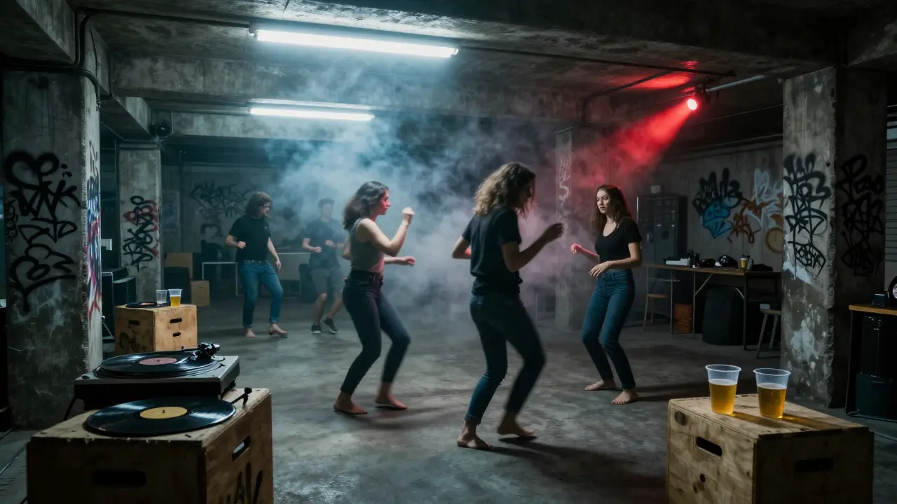 Underground warehouse party in Milan with dancers, vinyl records, and industrial lighting.
