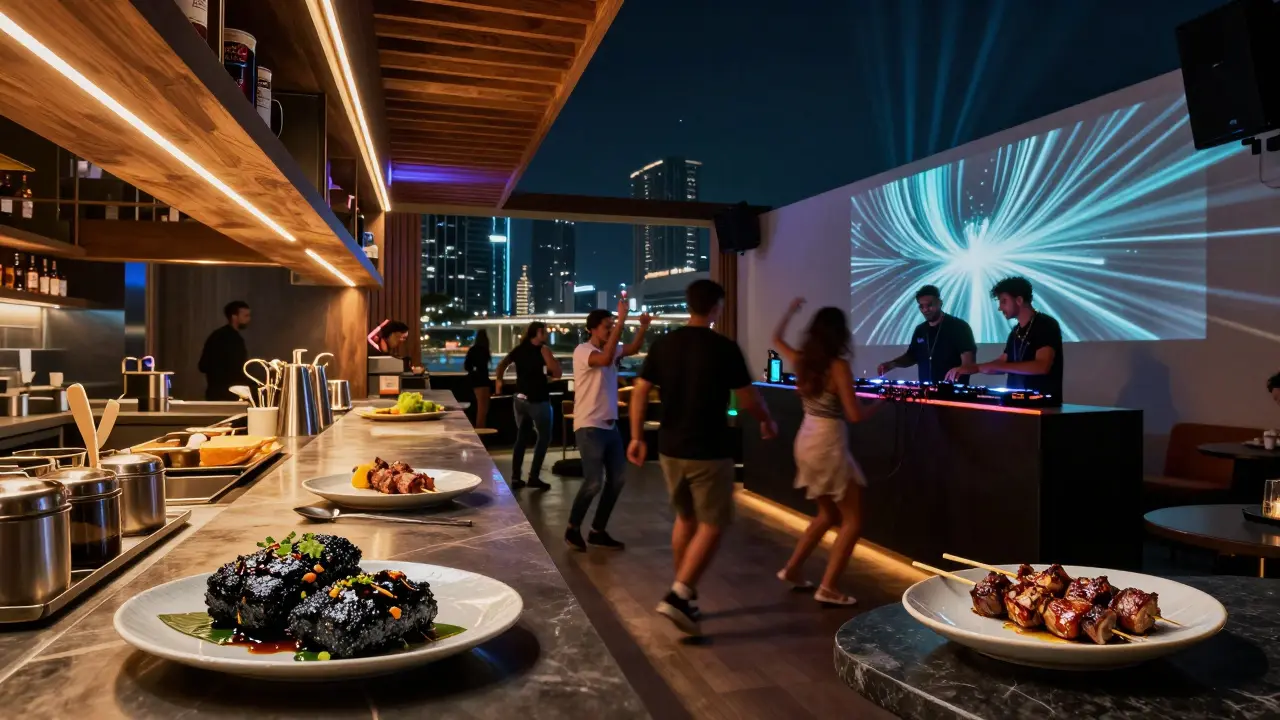 Vibrant nightclub scene at Zuma with dancers, DJ, and glowing lights blending dining and party energy.