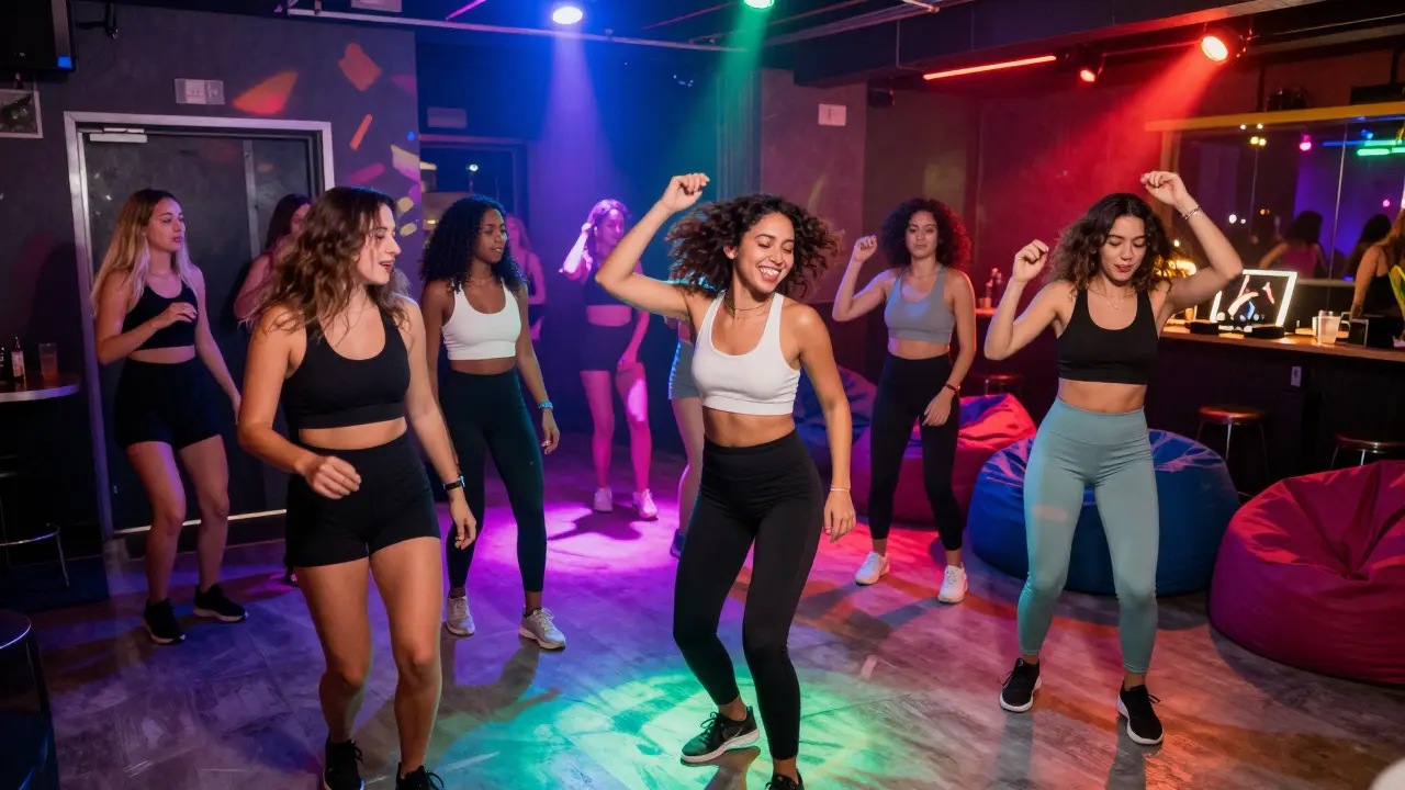 Women dancing on a vibrant club floor at Revolver with female bouncers nearby and chill zone in background.