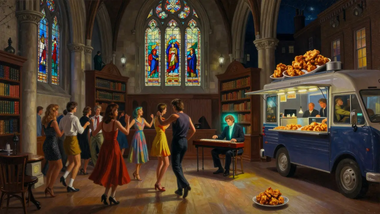 A converted chapel dance floor next to a library music venue with a food truck nearby
