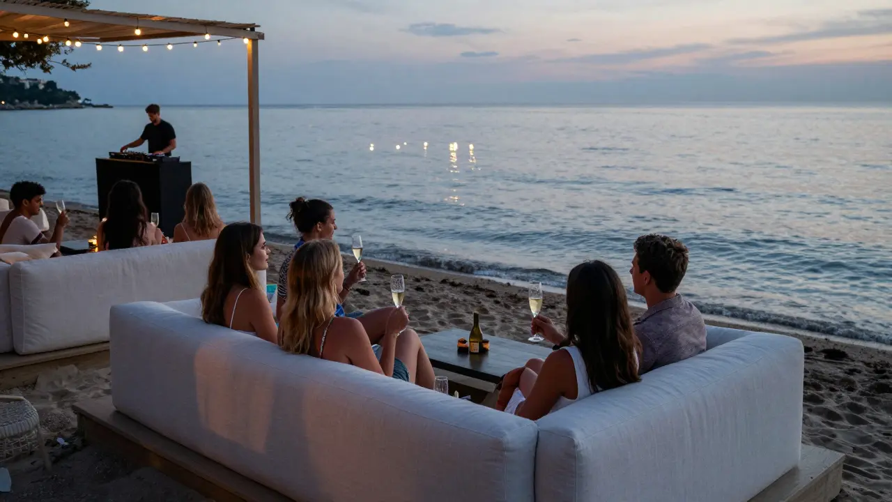 A serene floating beach lounge at dawn with guests sipping champagne as stars reflect on the Mediterranean.