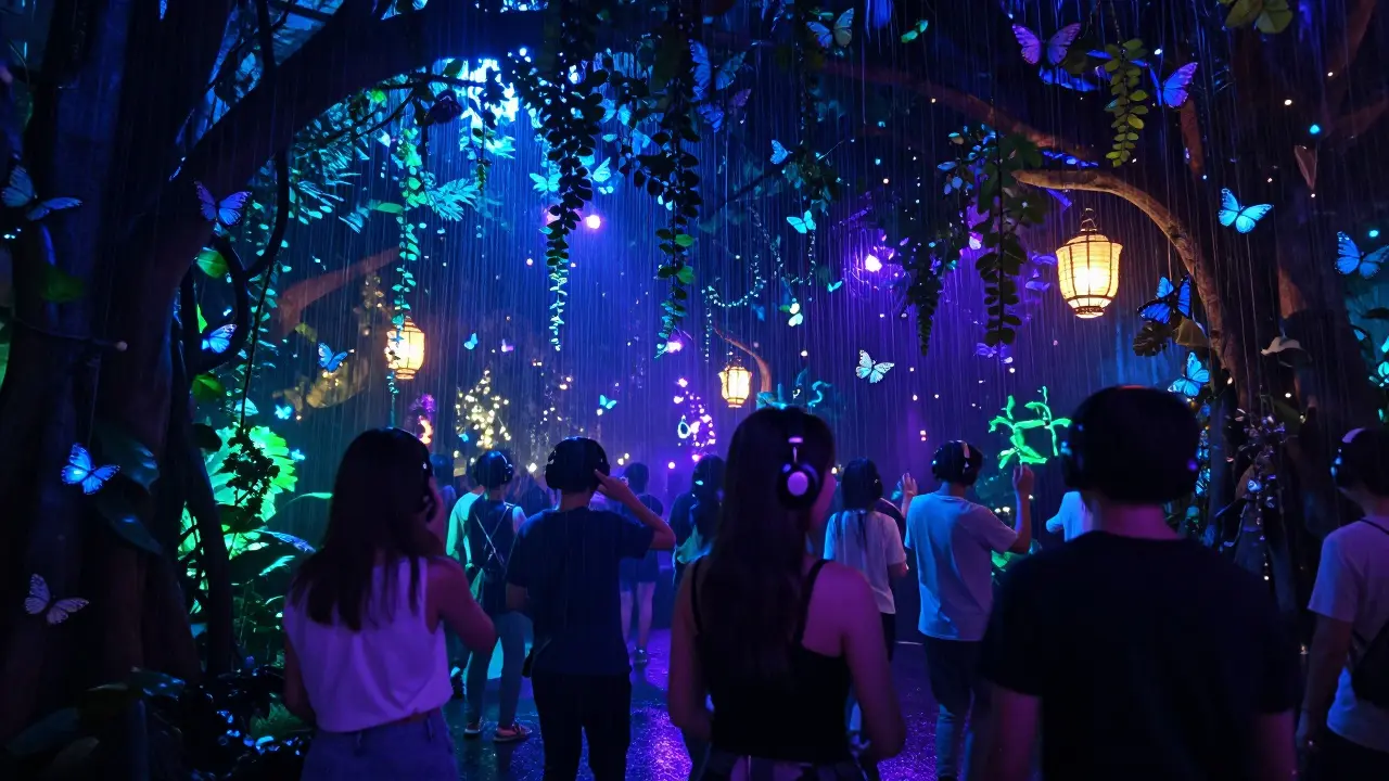 A silent disco in The Green Planet rainforest, where people dance among butterflies and hanging vines under colorful LED lights, wearing headphones.