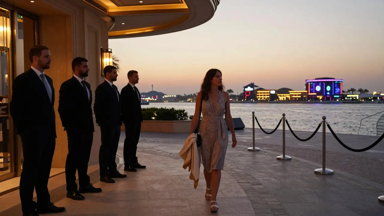A woman walking through Dubai Marina at dusk, transitioning from daytime to nightlife attire with a shawl in hand.