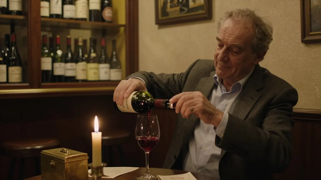 An intimate wine pour at a secret cellar bar in Monaco, with a sommelier serving a rare vintage bottle.