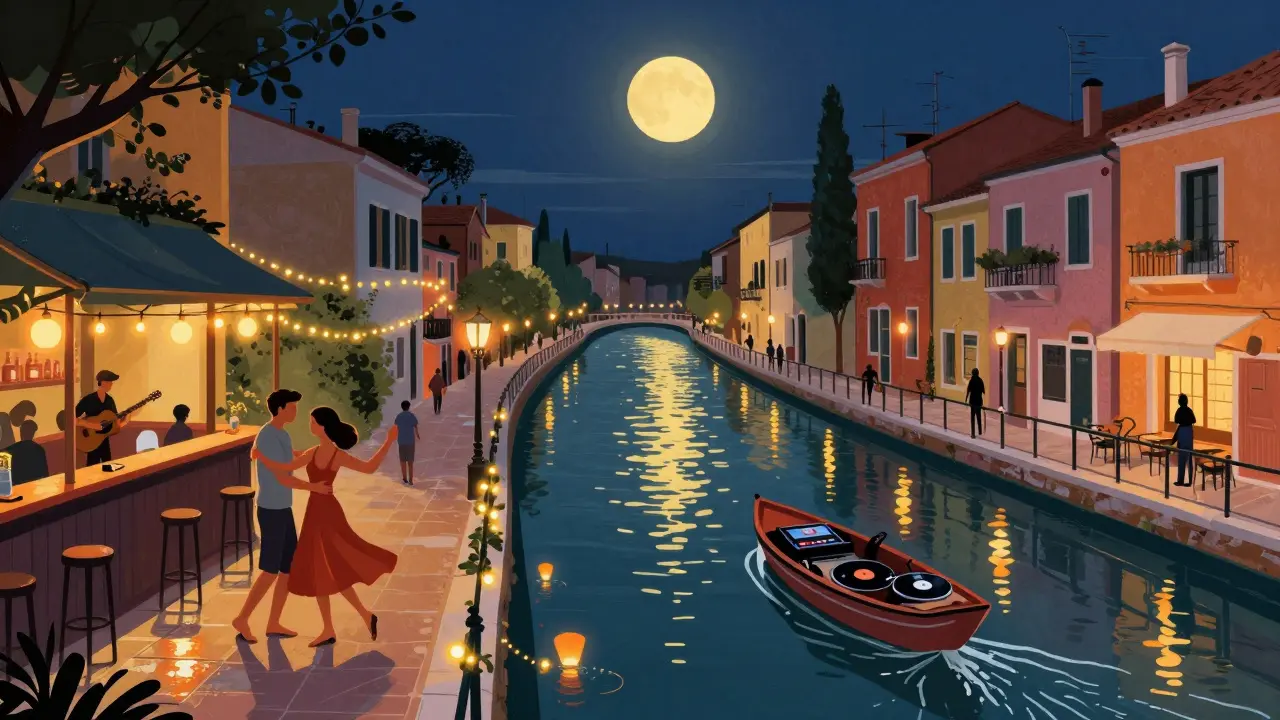 Canalside terrace in Navigli with people dancing under string lights and a boat DJ drifting by.