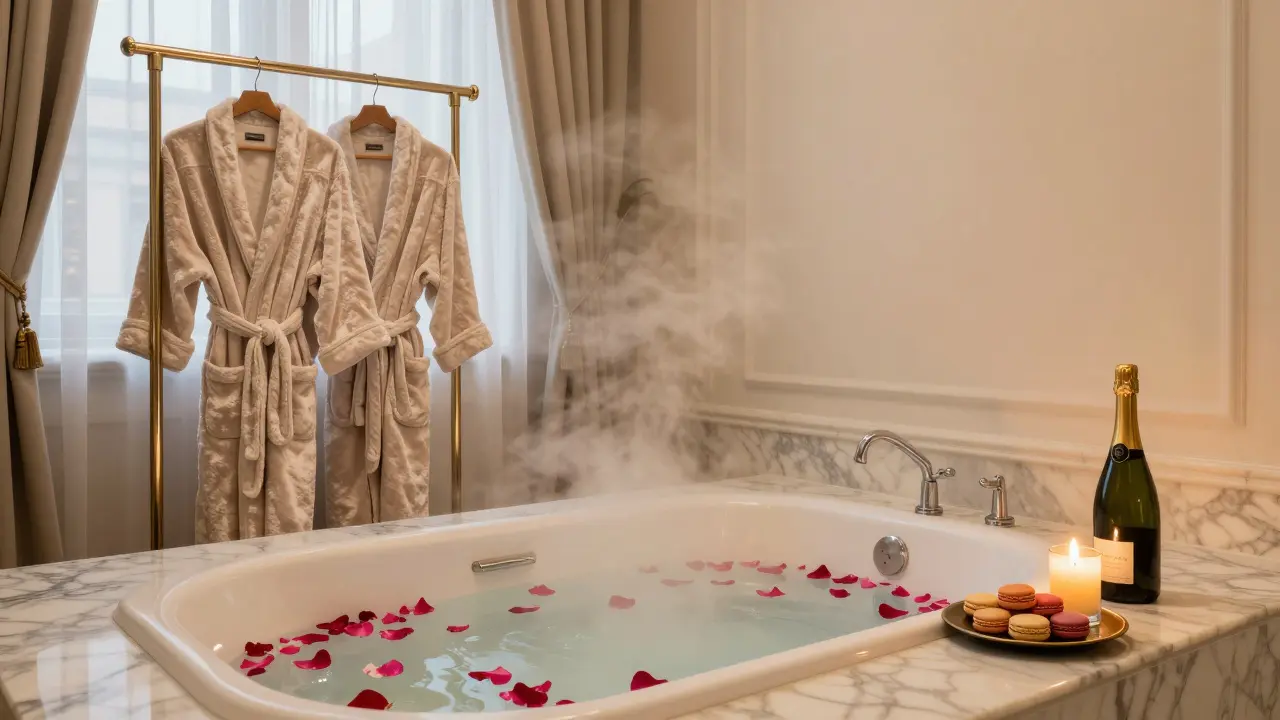 Private spa suite with rose petals in a marble tub, steam rising, candlelight, and champagne on a tray beside two robes.