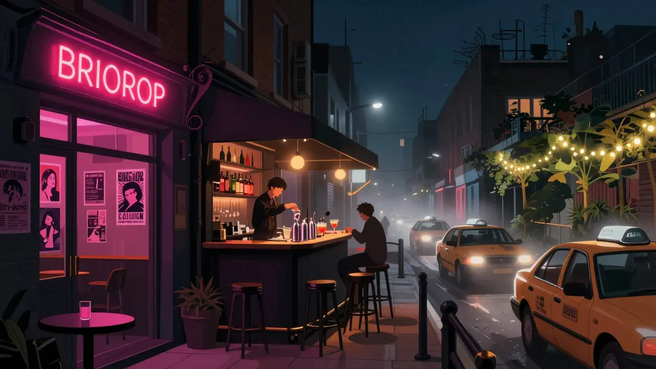 Three different bars in Shoreditch at night, connected by a foggy alley with taxis